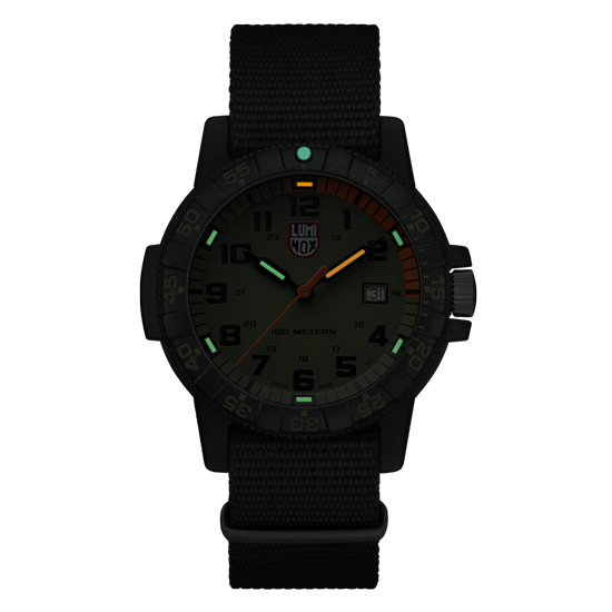 Black tactical wristwatch with luminous markings on the dial.