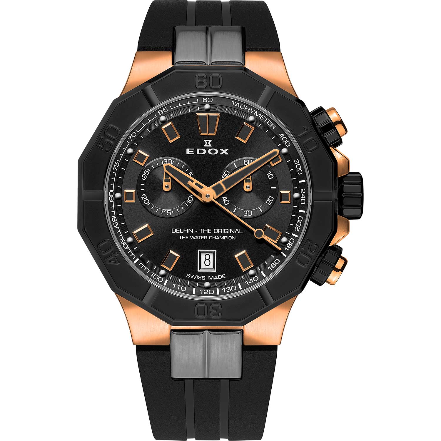 Luxury men’s wristwatch with black and rose gold accents and a chronograph dial.