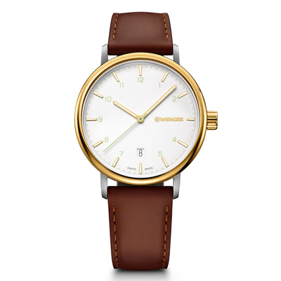 Elegant wristwatch with a white face, gold bezel, and brown leather strap.