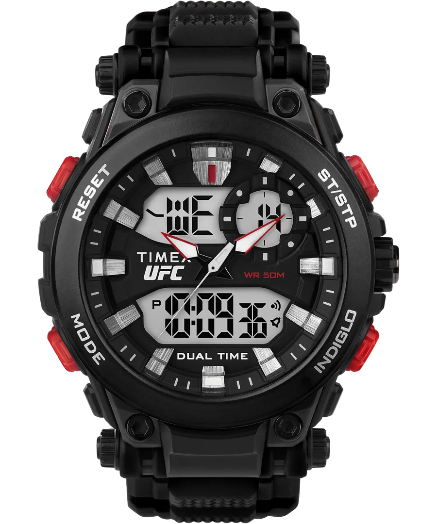 Rugged black and red digital sports watch with UFC branding.