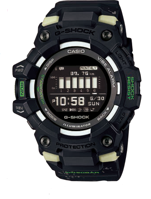Rugged black G-Shock digital watch with green accents and a prominent display.