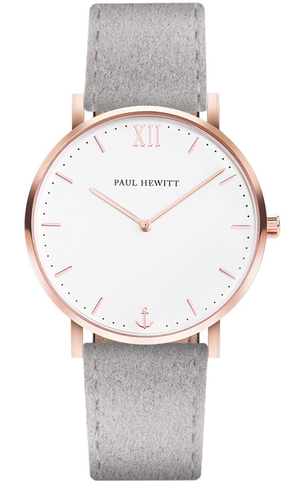 Elegant wristwatch with a rose gold case, white dial, and gray leather strap.