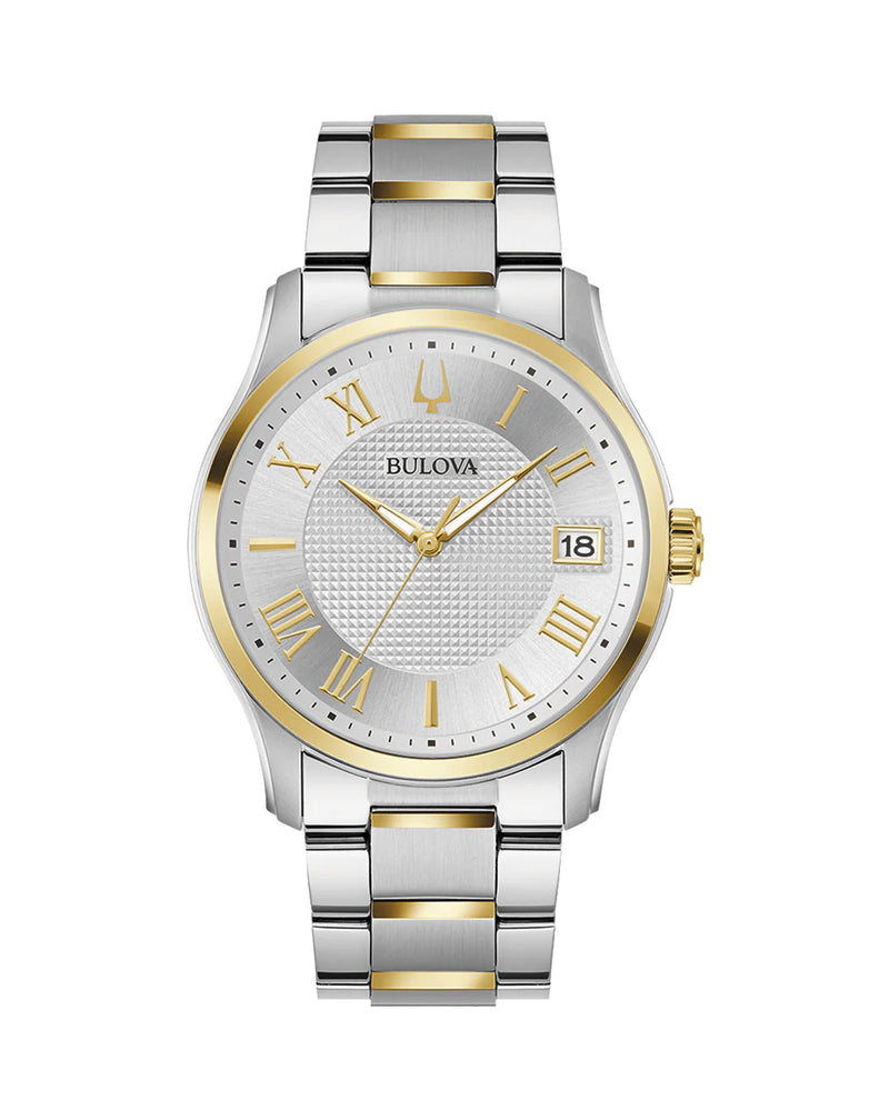 Two-tone stainless steel and gold wristwatch with a white dial and Roman numeral markers.