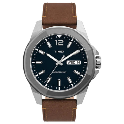 Timex wristwatch with a brown leather strap and silver case.