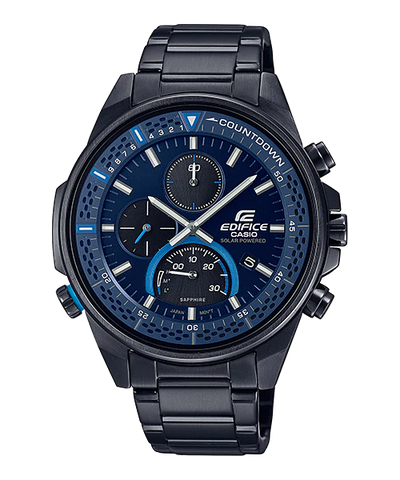 Sleek black wristwatch with a blue dial and multiple subdials.