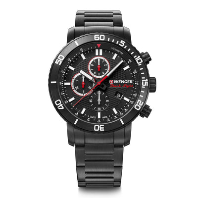 Black chronograph wristwatch with a metal bracelet and red accents on the dial.