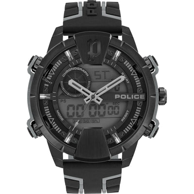 Black digital sports watch with a rugged design and ’POLICE’ branding.