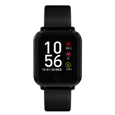 Black smartwatch with a square display showing time and fitness metrics.