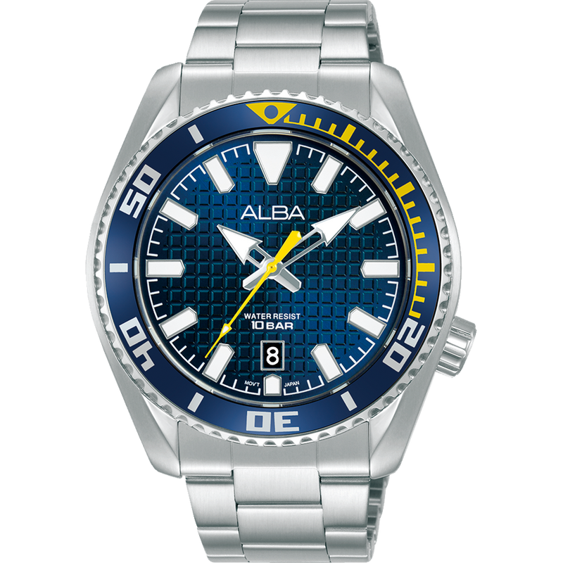 Stainless steel wristwatch with a blue and yellow rotating bezel and blue dial.