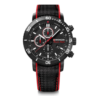 Sporty black and red chronograph wristwatch with a leather strap.