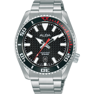 Stainless steel diver’s watch with a black dial and red accents on the bezel.