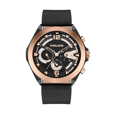 Stylish men’s wristwatch with a black and rose gold color scheme.