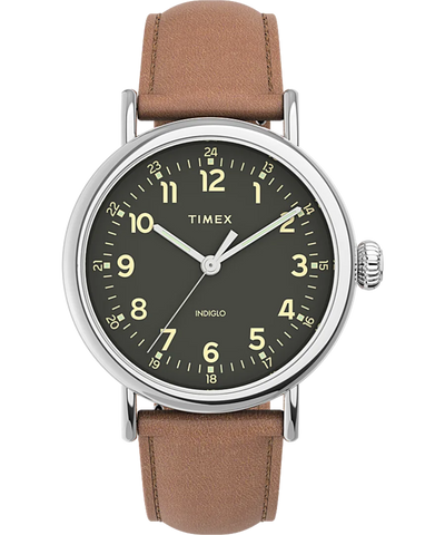 Timex wristwatch with a green dial and brown leather strap.