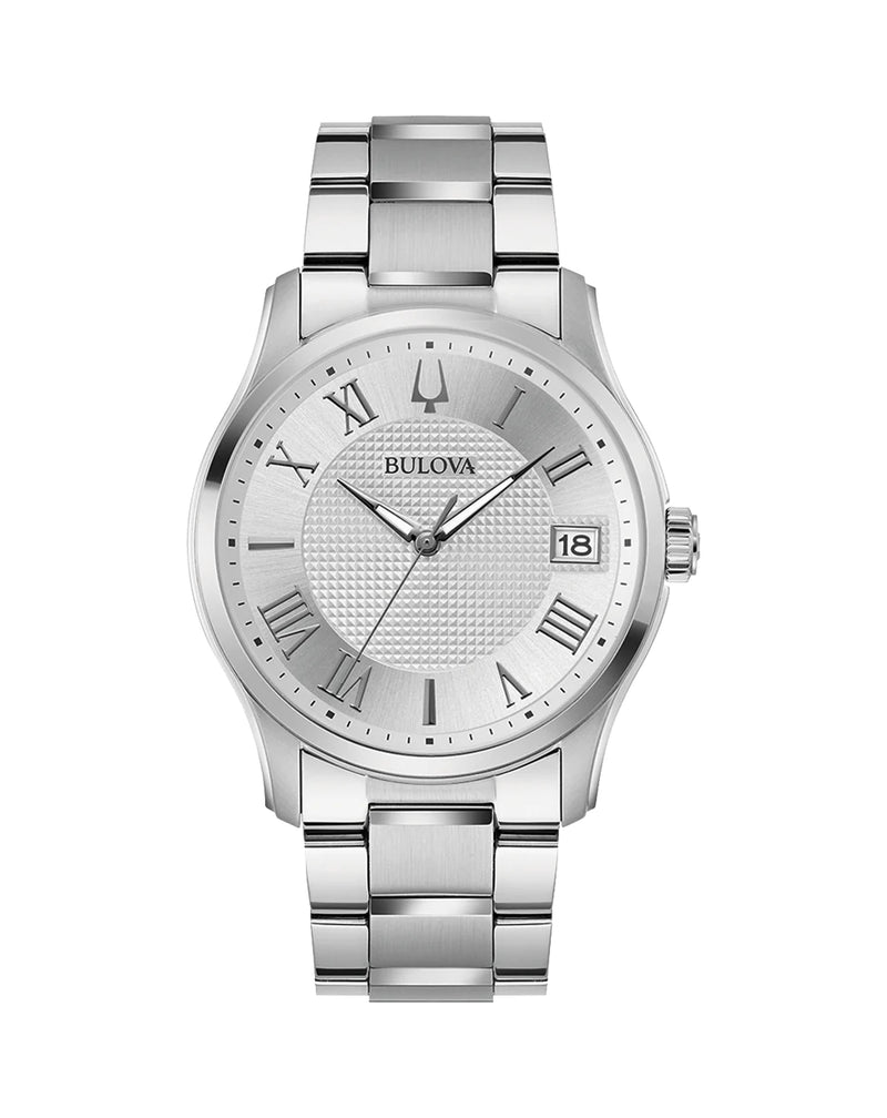 Silver-toned wristwatch with a round face and metal bracelet.