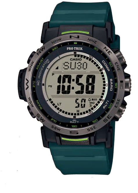 Digital sports watch with a teal strap and black/silver bezel.