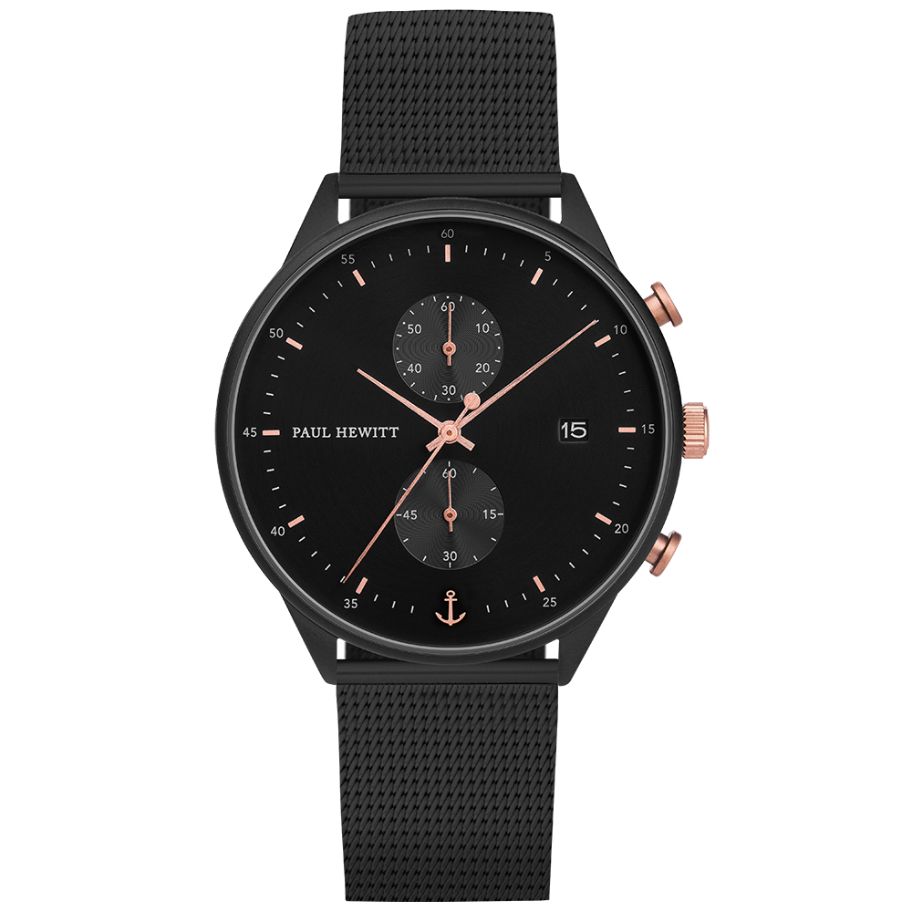 Sleek black wristwatch with chronograph subdials and rose gold accents.