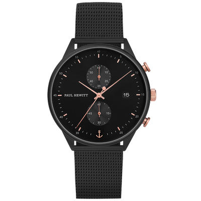 Sleek black wristwatch with chronograph subdials and rose gold accents.