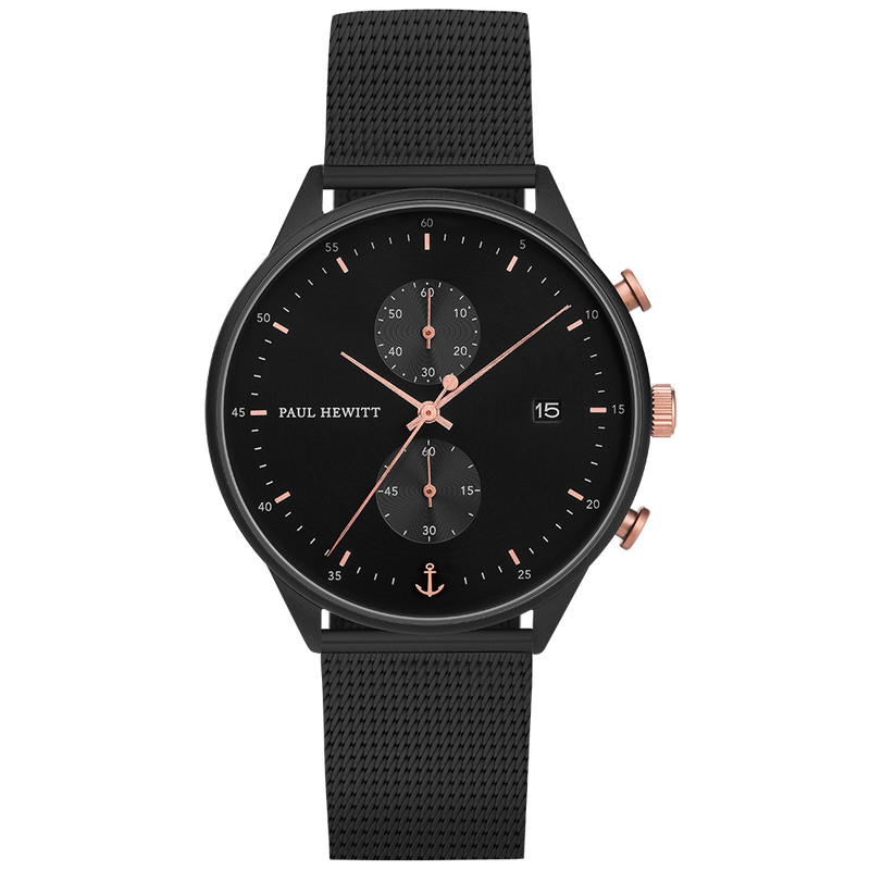 Sleek black wristwatch with chronograph subdials and rose gold accents.