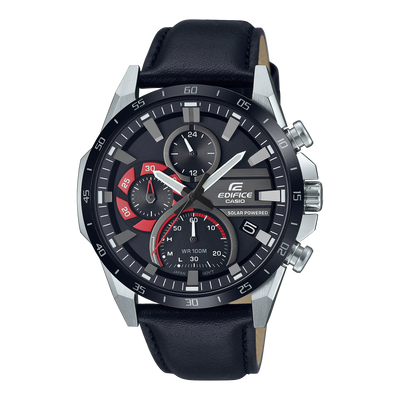 Casio Edifice chronograph wristwatch with a black leather strap and silver case.