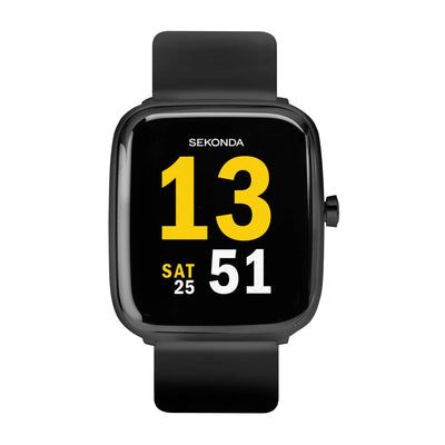 Black smartwatch with a square display showing the time as 13:51 on Saturday the 25th.