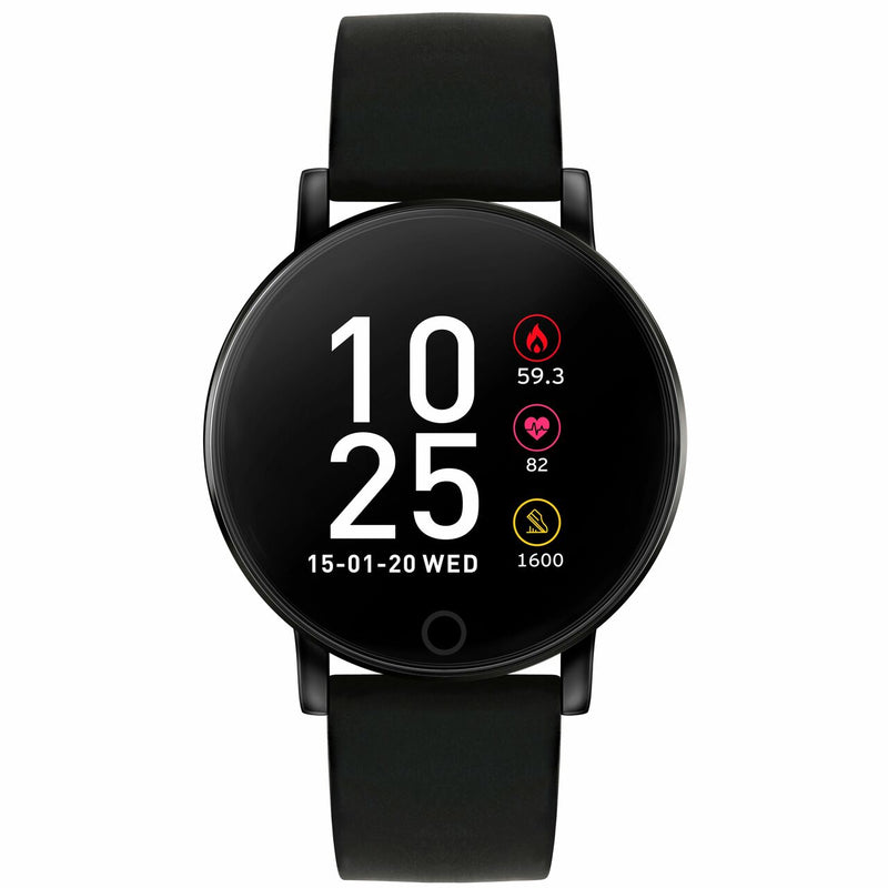 Black circular smartwatch with a digital display showing time and fitness metrics.