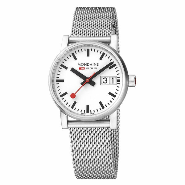 Sleek silver wristwatch with a white face and mesh metal band.