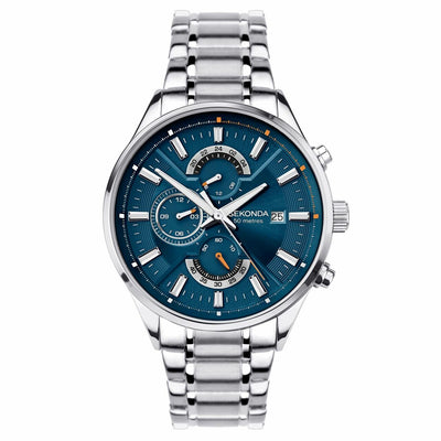 Elegant silver wristwatch with a blue dial and multiple subdials.