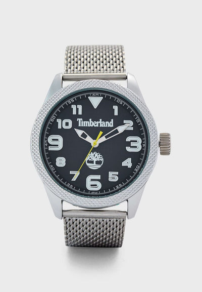 Timberland wristwatch with a black dial and silver mesh band.
