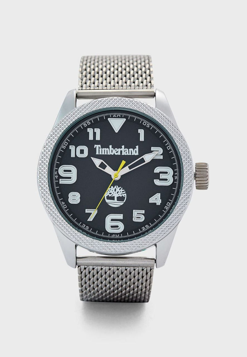 Timberland wristwatch with a black dial and silver mesh band.