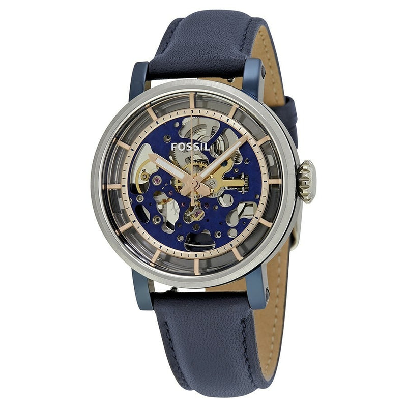 Fossil Original Boyfriend Skeleton Dial Automatic Blue Leather