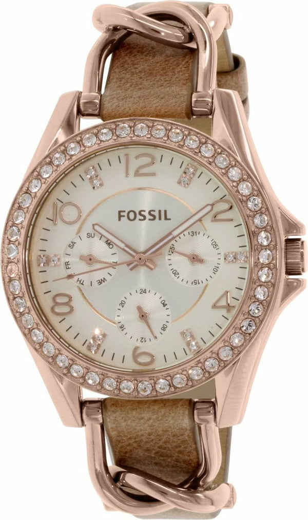 Fossil Riley Multi-Function Sand Dial Bone Leather Womens Watch