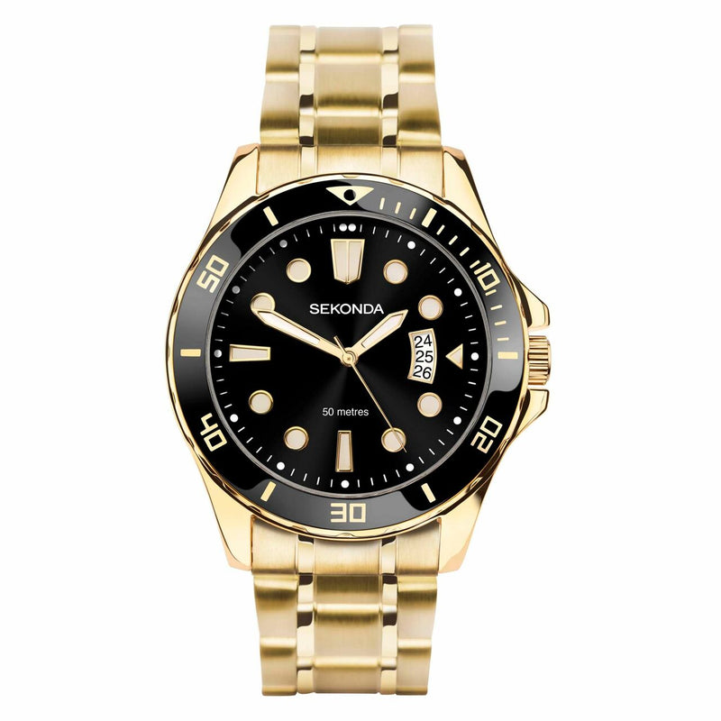 Sekonda Black Case Black Dial Gold Strap Mens Watch