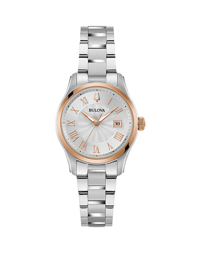 Bulova Women's Elegant Stainless Steel Watch with Silver and Rose Gold Accents 98M136