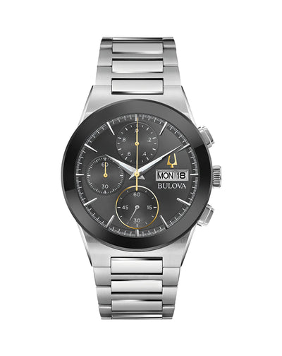 Stainless steel chronograph wristwatch with a black dial and silver bracelet.