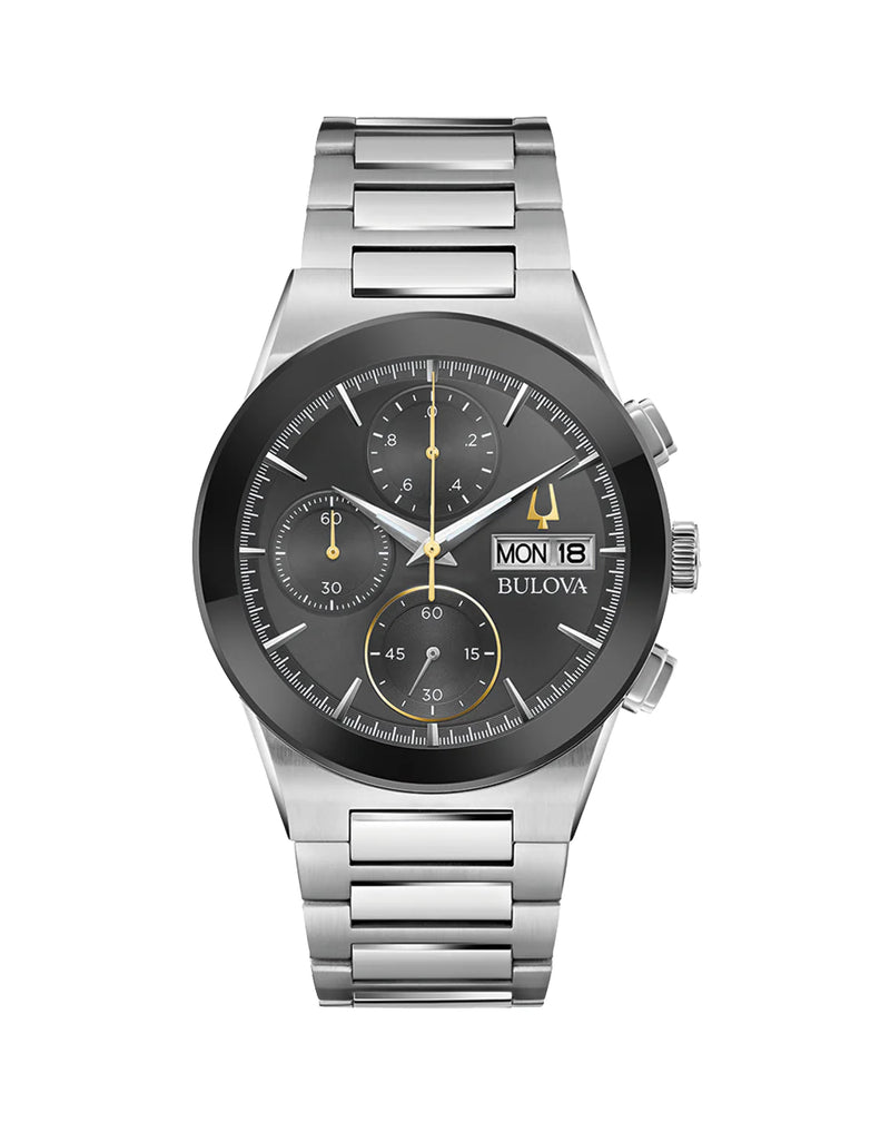 Stainless steel chronograph wristwatch with a black dial and silver bracelet.