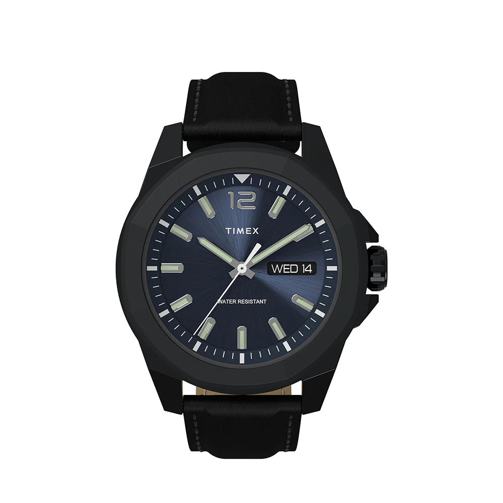 Black Timex wristwatch with a dark blue dial and leather strap.