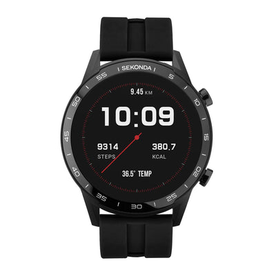 Black smartwatch with a digital display showing time, steps, and other fitness metrics.