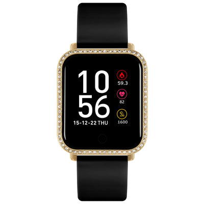 Gold-rimmed smartwatch with a black display and strap.