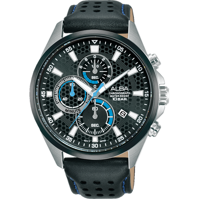 Stylish men’s chronograph wristwatch with a black dial and leather strap.