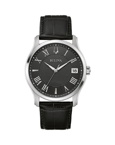 Elegant wristwatch with a black leather strap and dark dial face displaying Roman numerals.