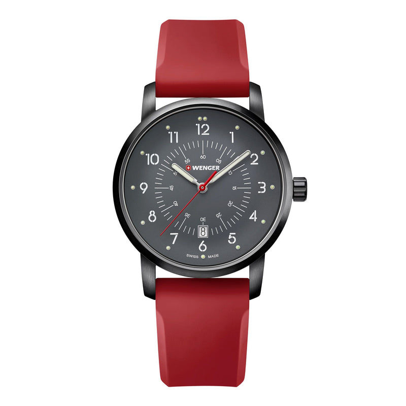 Wristwatch with a black face and red leather strap.