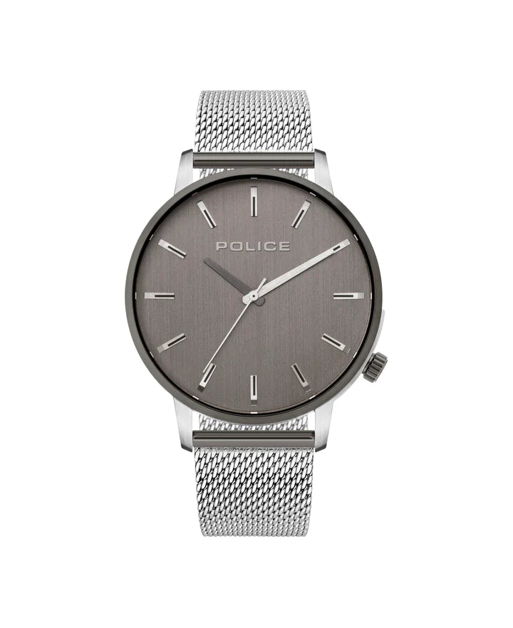 Sleek silver wristwatch with a gray dial and mesh band.