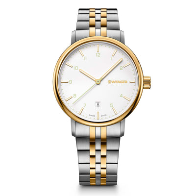 Elegant wristwatch with a two-tone silver and gold metal band and white dial.