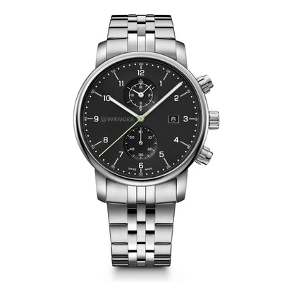 Stainless steel wristwatch with a black dial and chronograph subdials.