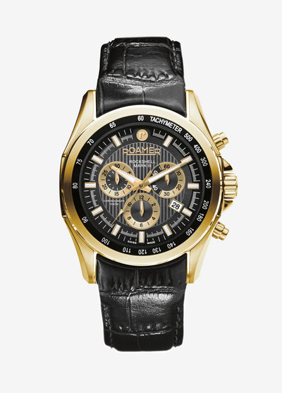 Luxury gold-toned chronograph wristwatch with a black leather strap and detailed dial.