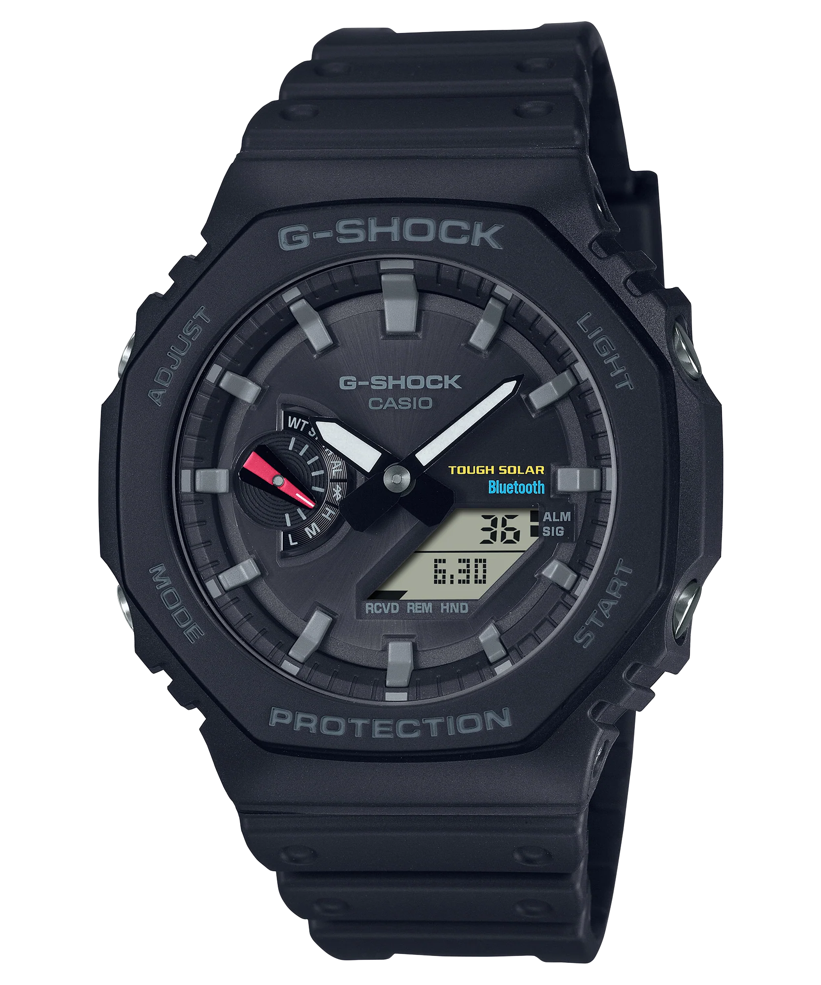 Black G-Shock wristwatch with analog and digital displays.