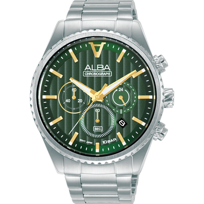 Silver wristwatch with a green dial and gold accents.