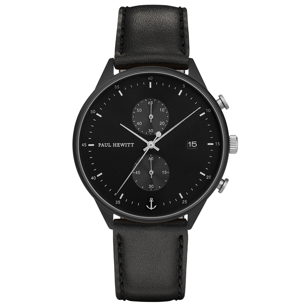 Black wristwatch with a leather strap and chronograph subdials on the face.
