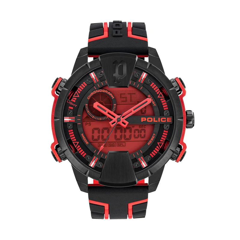 Sporty digital wristwatch with black and red color scheme featuring ’POLICE’ branding.