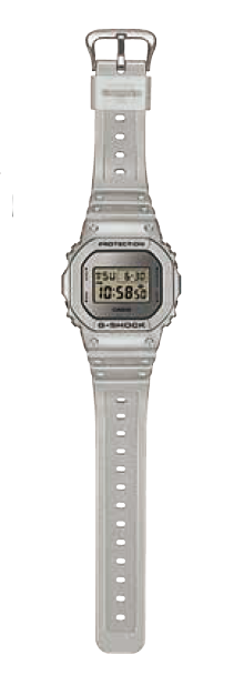 Digital wristwatch with a square face and transparent resin band.